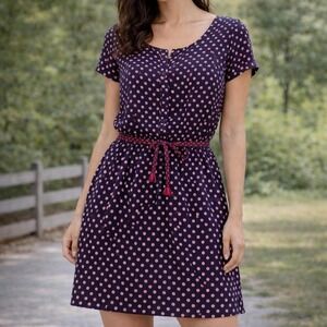 Xhilaration Navy Polka Dot Short Sleeve Dress Tie Waist Pockets Womens Small